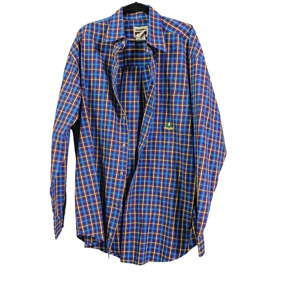 Wrangler Riata Blue Yellow Red Plaid Long Sleeve Men's Shirt Large